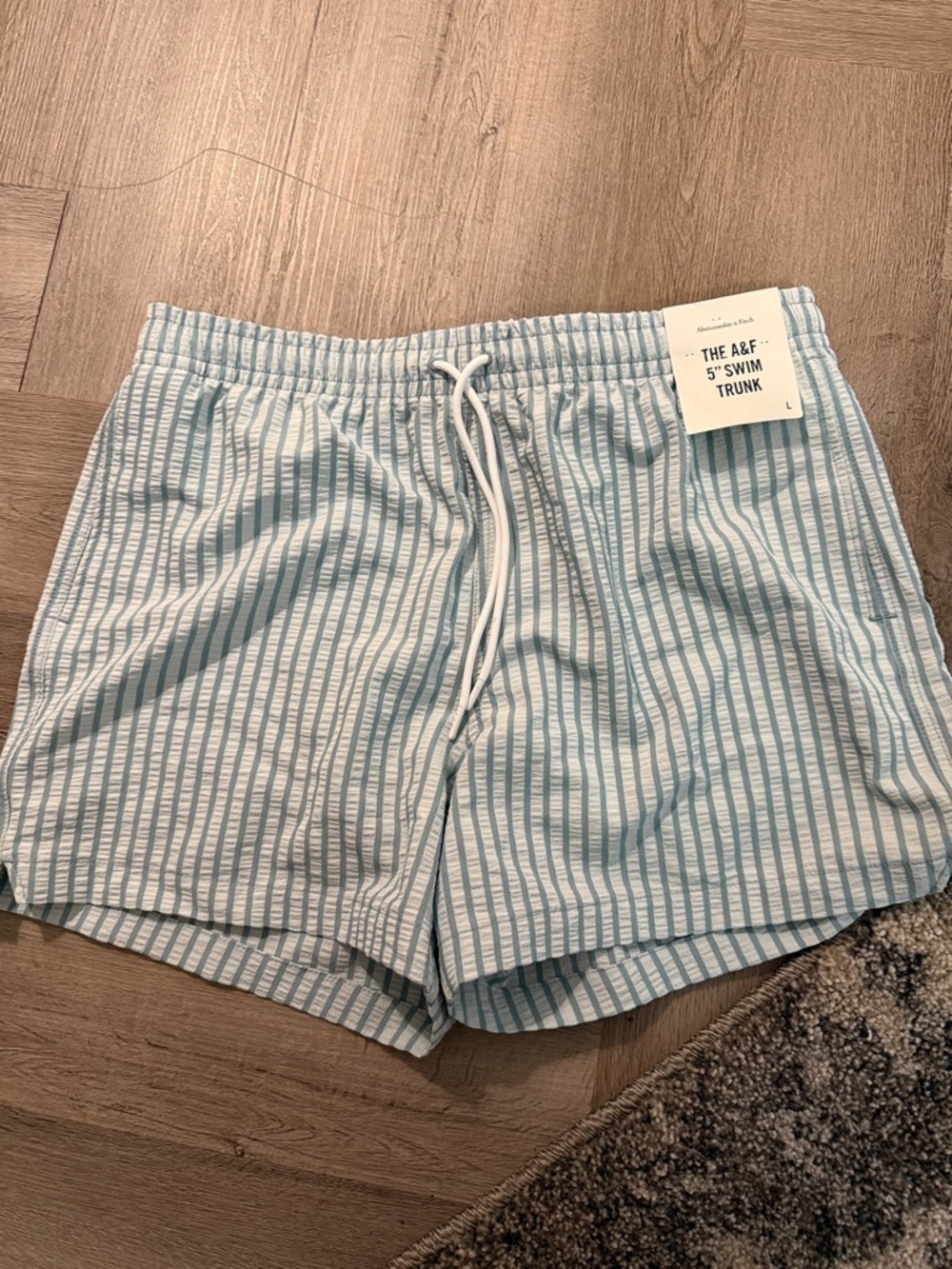 Abercrombie & Fitch Light Blue and White Striped 5" Swim Trunk - Men’s